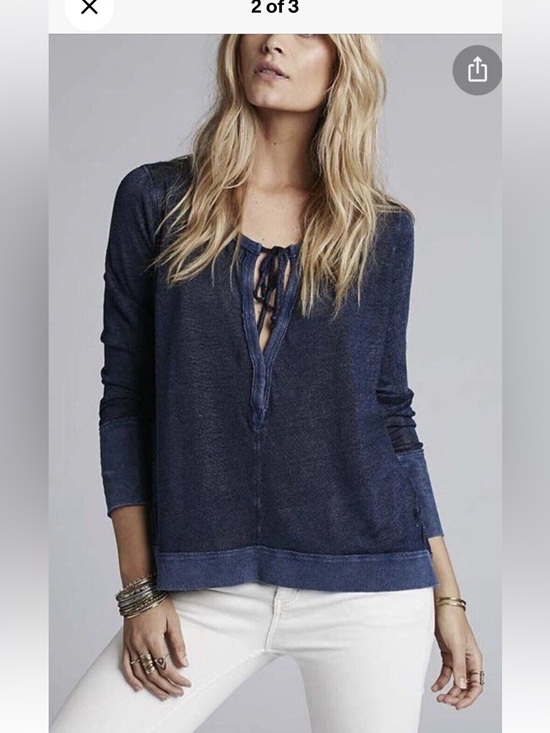We The Free Tops - Free People We The Free Affogato Hacci Henley Top Indigo Linen Blend Raw Hem M